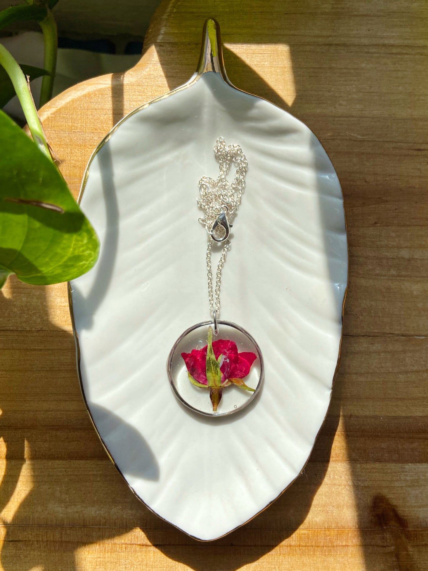 Roses- Pressed red rose bud pendant, silver open circle statement necklace