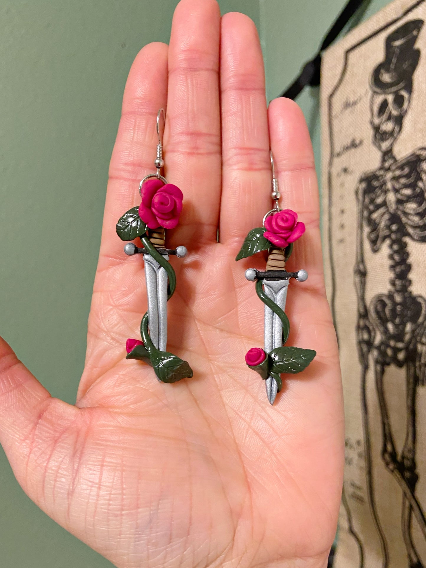 Sculpted Swords- Hot pink rose handmade polymer clay sword earrings, novelty romance jewelry