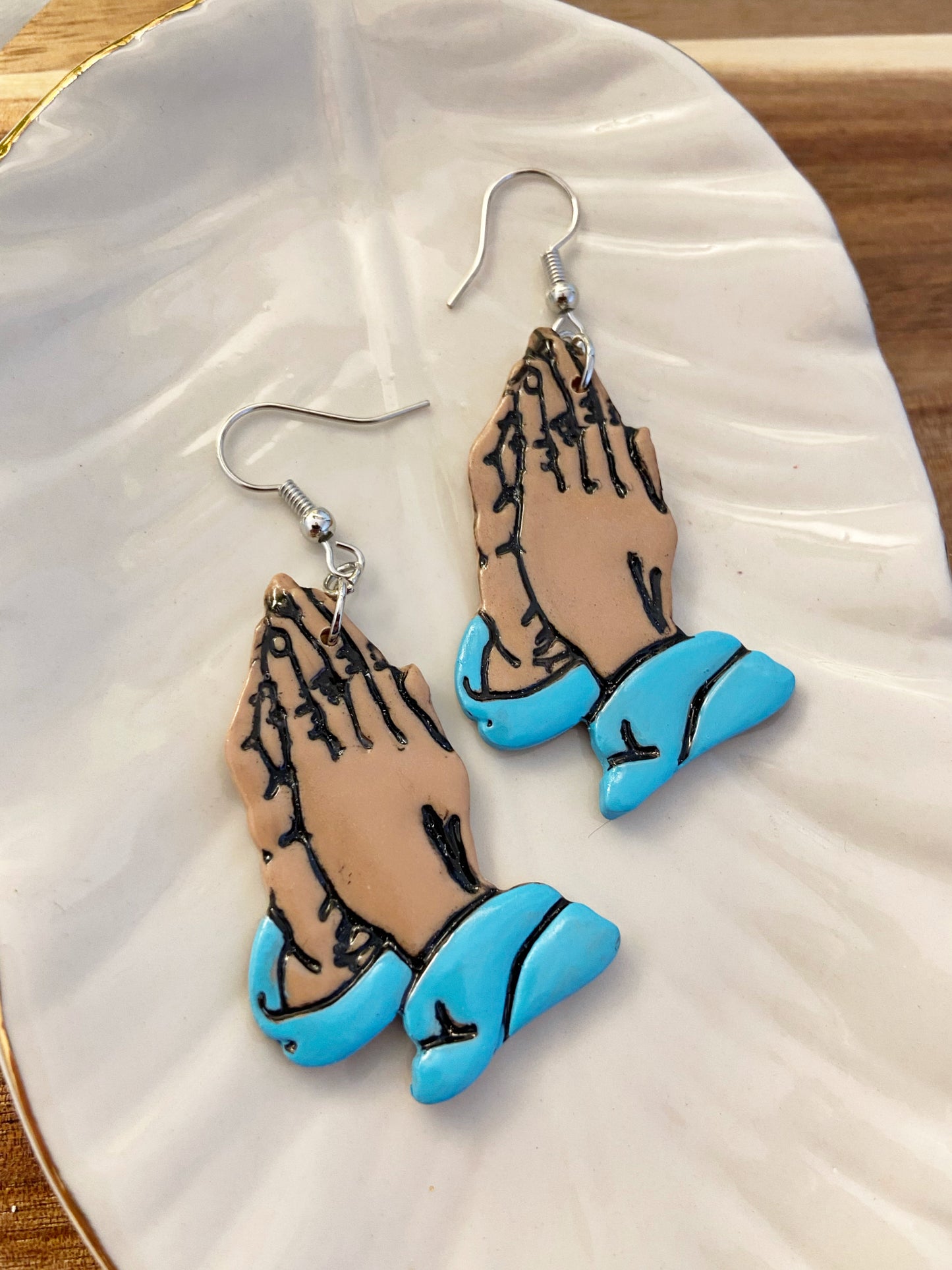 Saint or Sinner- Praying hands polymer clay handpainted earrings