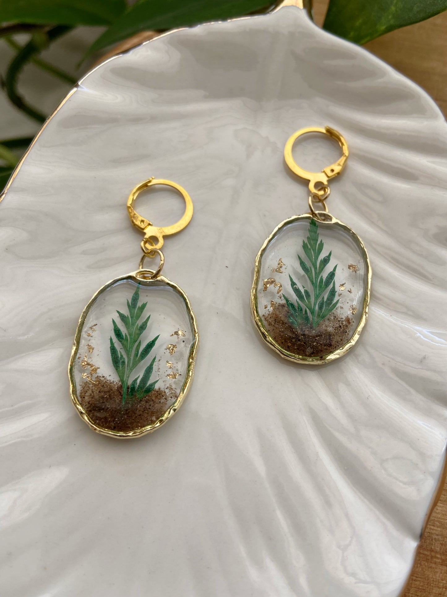 Mini Oval Terrariums- Gold open earrings filled with real soil, plants & gold flakes, clasp hoop earring