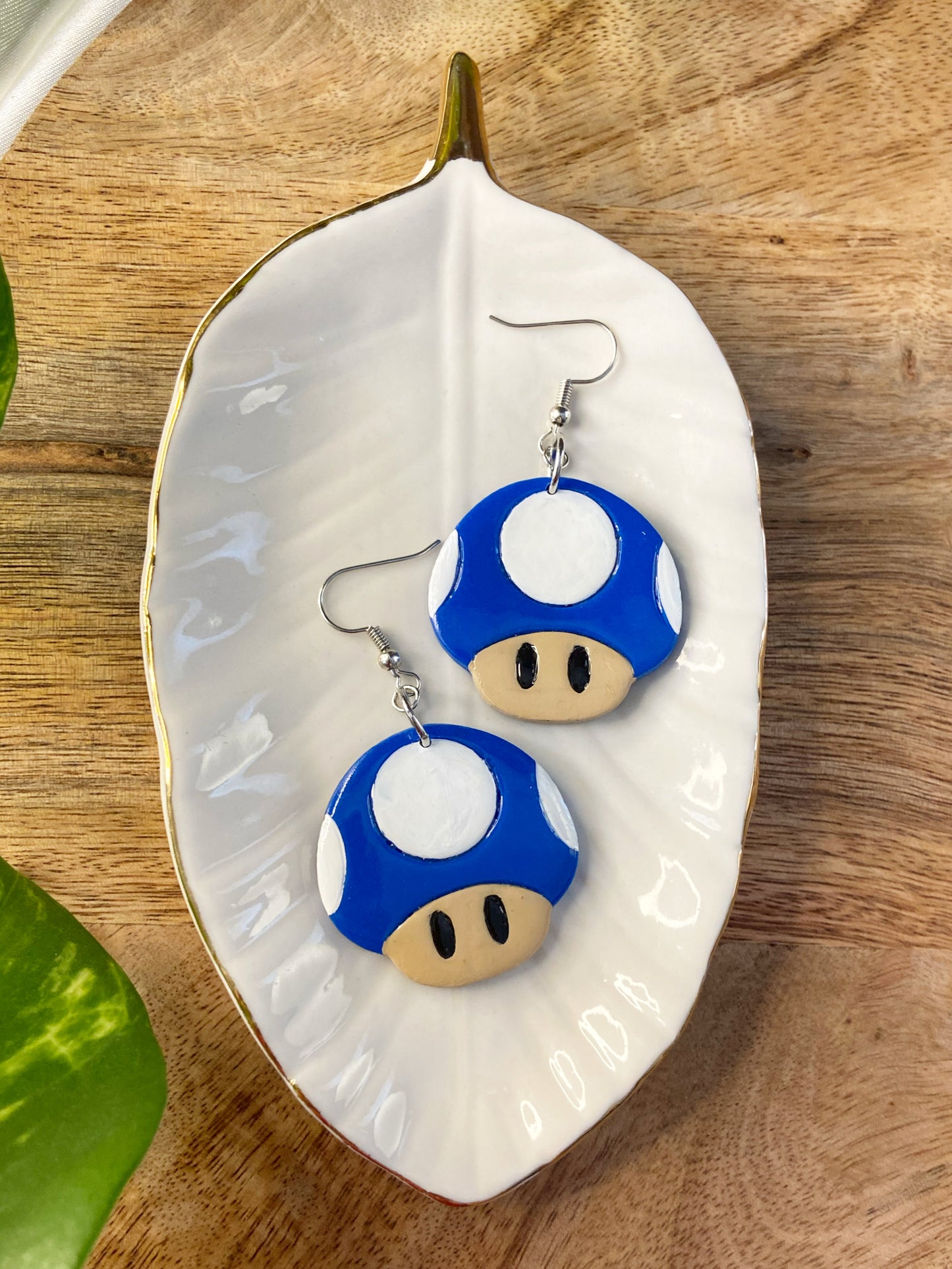 Super Mario- Blue mushroom polymer clay earrings, video game inspired jewelry