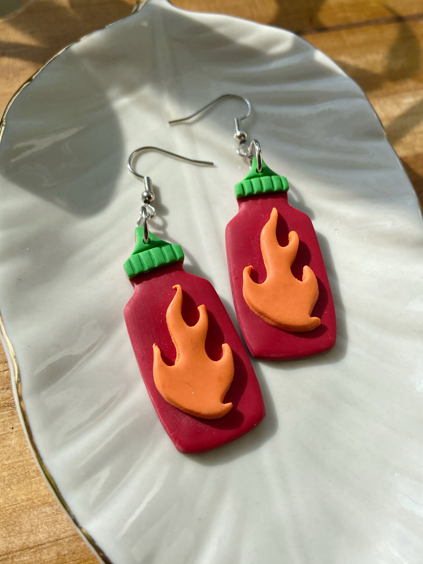 Hot Hot Sauce- Polymer clay mini spicy sauce novelty earrings, Sriracha inspired jewelry
